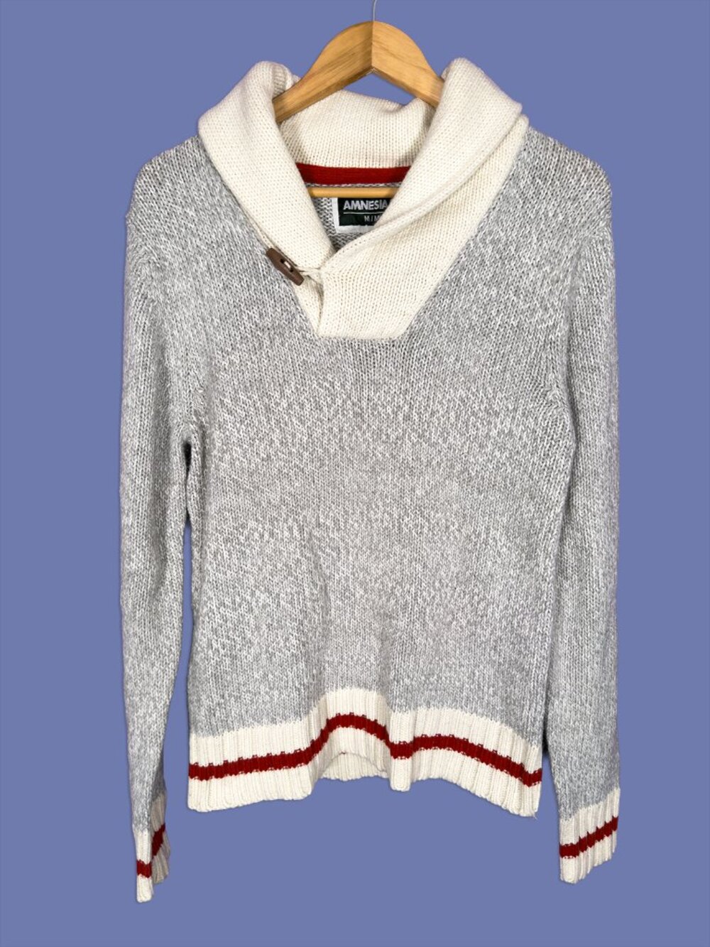 Grandpa Core Cabin Core Shawl Collar Knit Sweater Gray Cream Pullover Size M